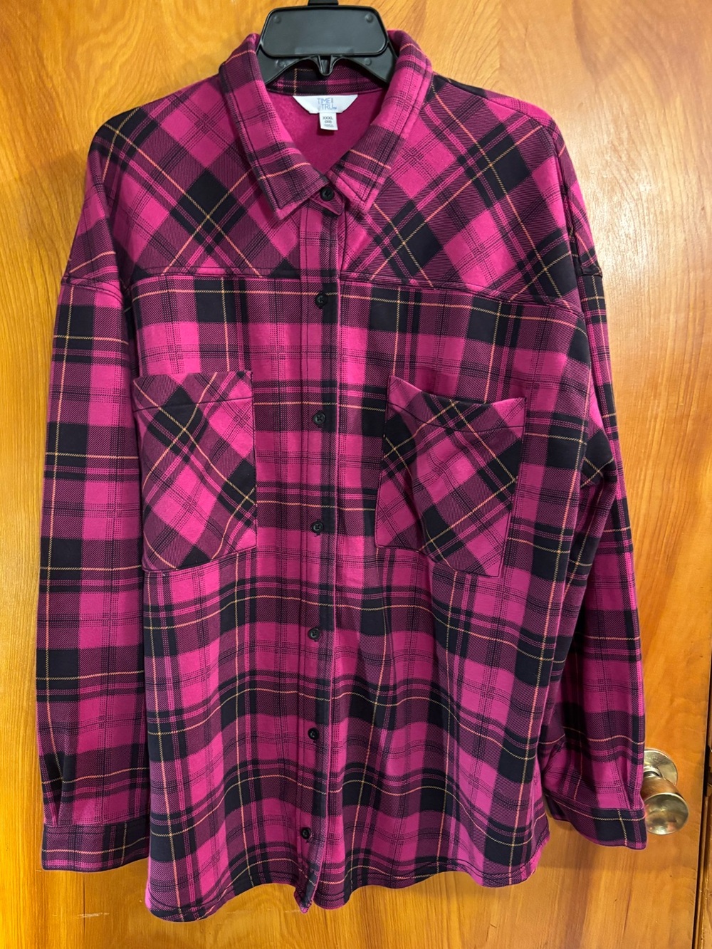 Time and Tru Ladies Pink/Black Plaid Button-Down 100% Polyester Material Shirt